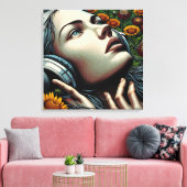 Mooie Vrouw met Hoofdtelefoon in Zonnebloemen Canvas Afdruk (Insitu (Woonkamer))