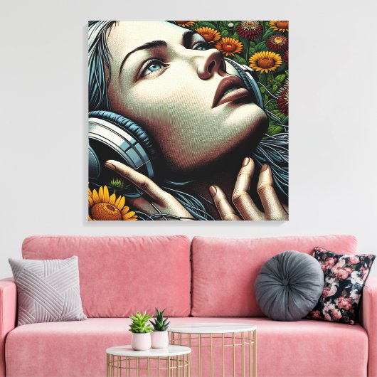 Mooie Vrouw met Hoofdtelefoon in Zonnebloemen Canvas Afdruk (Insitu (Woonkamer))