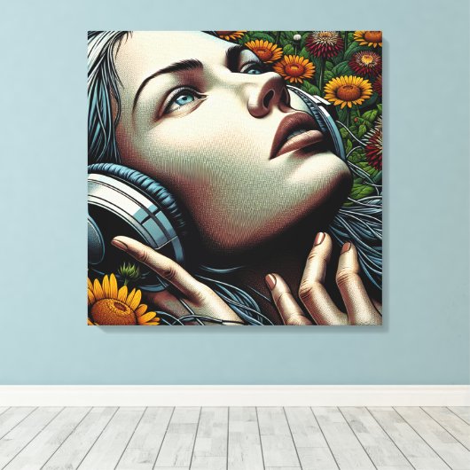 Mooie Vrouw met Hoofdtelefoon in Zonnebloemen Canvas Afdruk (Insitu (Houten vloer))
