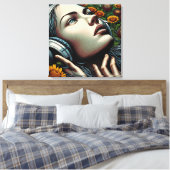 Mooie Vrouw met Hoofdtelefoon in Zonnebloemen Canvas Afdruk (Insitu (Slaapkamer))