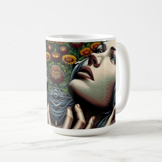 Mooie Vrouw met Hoofdtelefoon in Zonnebloemen Koffiemok (Voorkant rechts)