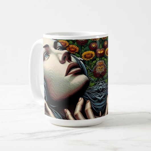 Mooie Vrouw met Hoofdtelefoon in Zonnebloemen Koffiemok (Voorkant links)