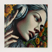 Mooie Vrouw met Hoofdtelefoon in Zonnebloemen Legpuzzel (Horizontaal)