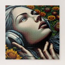 Mooie Vrouw met Hoofdtelefoon in Zonnebloemen