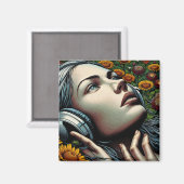Mooie Vrouw met Hoofdtelefoon in Zonnebloemen Magneet (Voorkant / Achterkant)