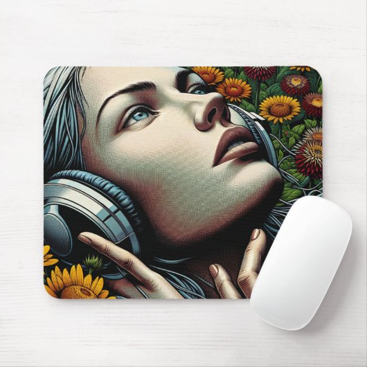 Mooie Vrouw met Hoofdtelefoon in Zonnebloemen Muismat (Met muis)