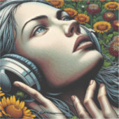 Mooie Vrouw met Hoofdtelefoon in Zonnebloemen Sticker (Voorkant)