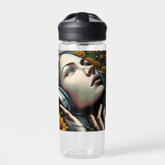 Mooie Vrouw met Hoofdtelefoon in Zonnebloemen Waterfles (Voorkant)