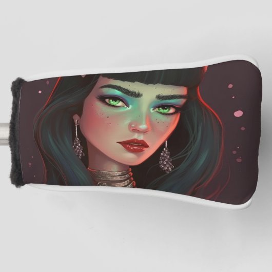 Mooie vrouw met hoorns en rode lippenstift golfheadcover (Voorkant)