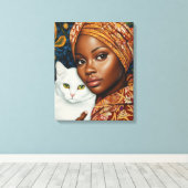 Mooie vrouw met kat canvas afdruk (Insitu (Houten vloer))