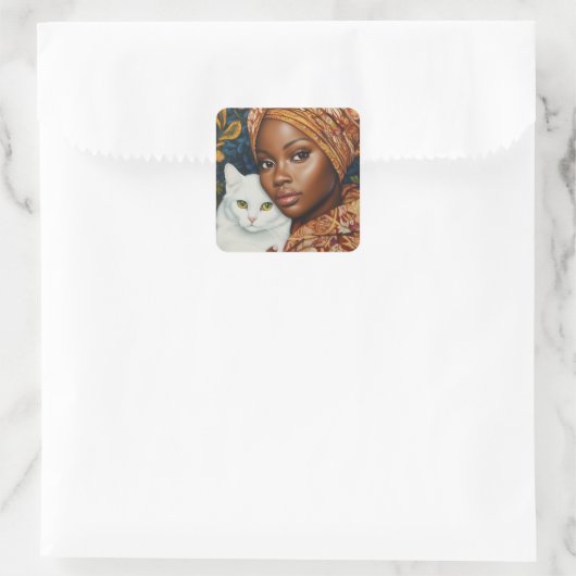 Mooie vrouw met kat vierkante sticker (Tas)