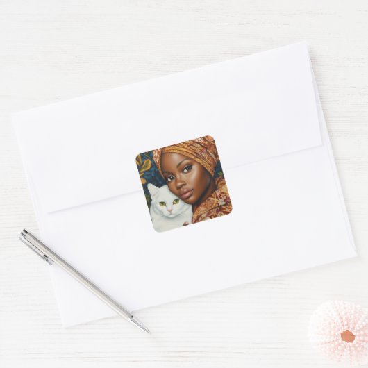 Mooie vrouw met kat vierkante sticker (Envelop)