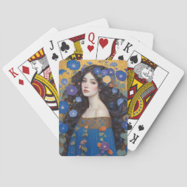 Mooie vrouw met ochtendglorie pokerkaarten