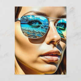 Mooie vrouw met reflectie van strandzonnebril briefkaart