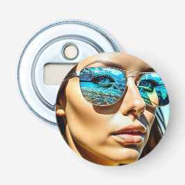 Mooie vrouw met reflectie van strandzonnebril button flesopener