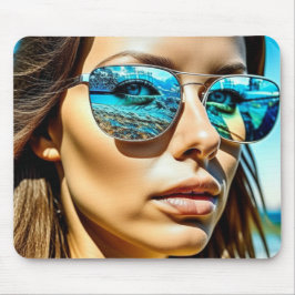 Mooie vrouw met reflectie van strandzonnebril muismat