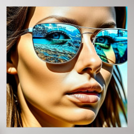 Mooie vrouw met reflectie van strandzonnebril poster