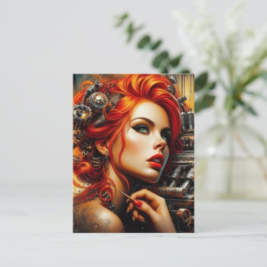 Mooie vrouw met rood haar Steampunk Briefkaart (Staand voorkant)