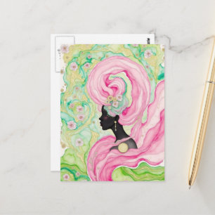 Mooie vrouw met roze haar briefkaart
