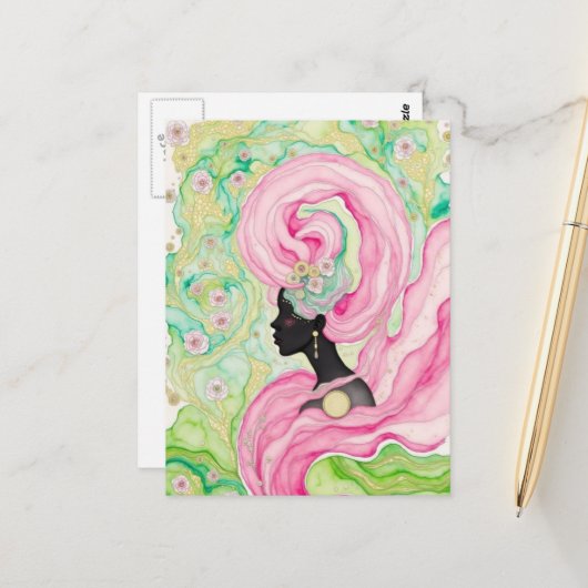 Mooie vrouw met roze haar briefkaart (Voorkant / Achterkant in situ)