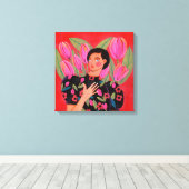 Mooie vrouw met tulpenhartValentijnsdag Canvas Afdruk (Insitu (Houten vloer))