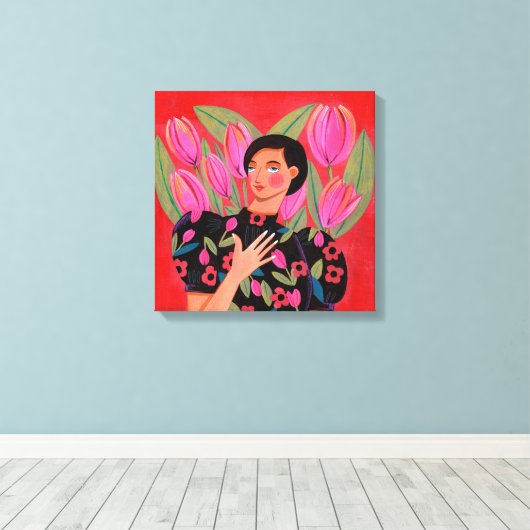 Mooie vrouw met tulpenhartValentijnsdag Canvas Afdruk (Insitu (Houten vloer))