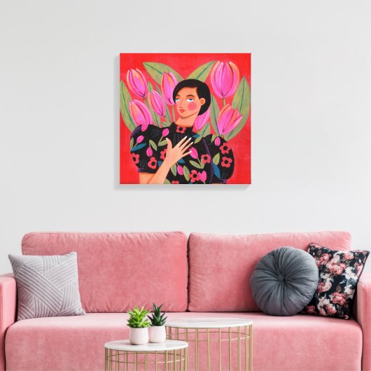 Mooie vrouw met tulpenhartValentijnsdag Canvas Afdruk (Insitu (Woonkamer))