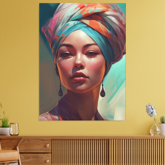 Mooie vrouw met Turban Canvas Afdruk (Insitu (Woonkamer))