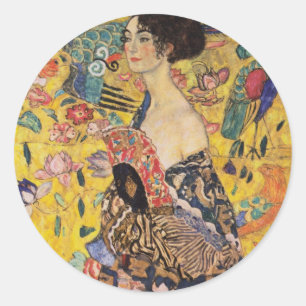 Mooie vrouw met ventilator van Klimt Ronde Sticker