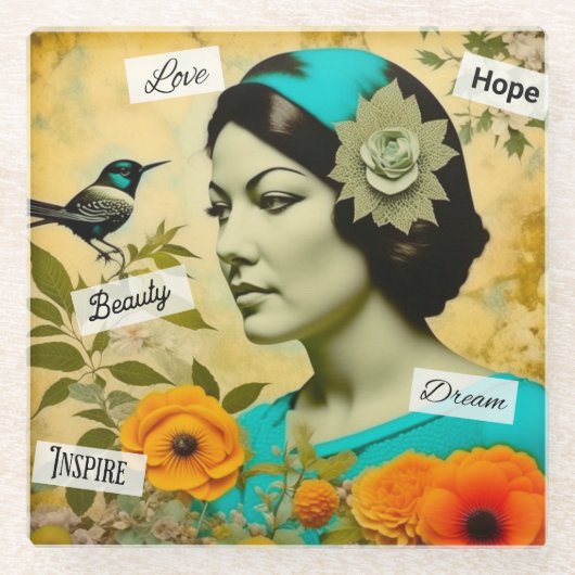 Mooie Vrouw met Vogel en Bloemen Glazen Onderzetter (Voorkant)