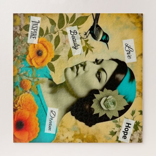 Mooie Vrouw met Vogel en Bloemen Legpuzzel (Horizontaal)