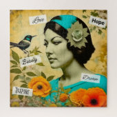 Mooie  Vrouw met Vogel en Bloemen Legpuzzel (Verticaal)