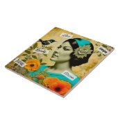 Mooie  Vrouw met Vogel en Bloemen Tegeltje (Zijkant)