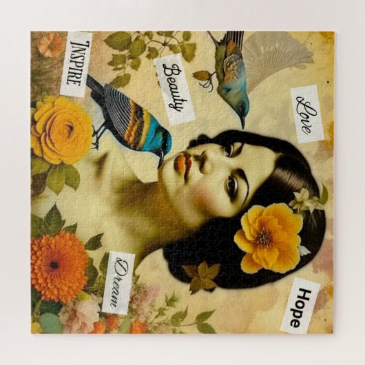 Mooie  Vrouw met Vogels en Bloemen Legpuzzel (Horizontaal)