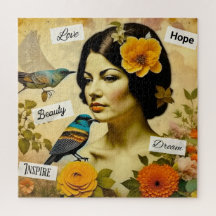 Mooie Vrouw met Vogels en Bloemen