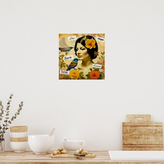 Mooie  Vrouw met Vogels en Bloemen Poster (Keuken)
