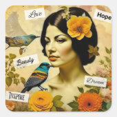 Mooie Vrouw met Vogels en Bloemen Vierkante Sticker (Voorkant)