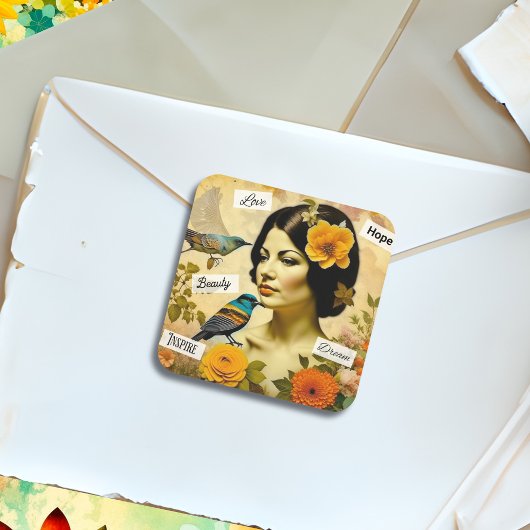 Mooie  Vrouw met Vogels en Bloemen Vierkante Sticker