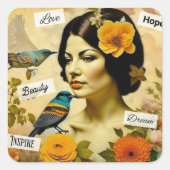 Mooie  Vrouw met Vogels en Bloemen Vierkante Sticker (Voorkant)