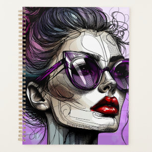 Mooie vrouw met zonnebril en paarse lippenstift planner