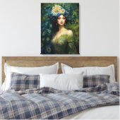 Mooie vrouw omringd door pauwenveren canvas afdruk (Insitu (Slaapkamer))