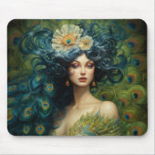 Mooie vrouw omringd door pauwenveren muismat (Voorkant)