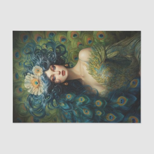 Mooie vrouw omringd door pauwenveren tissuepapier (Voorkant)