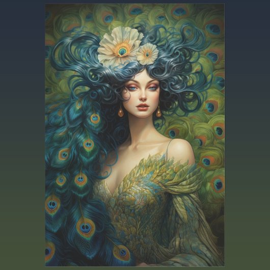 Mooie vrouw omringd door pauwenveren tissuepapier