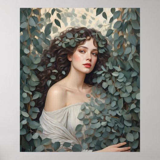 Mooie vrouw onder Eucalyptus bladeren Poster (Voorkant)