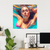 Mooie vrouw onder water AI kunst Poster (Thuiskantoor)