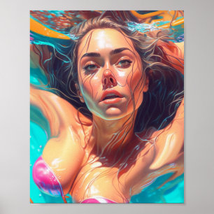 Mooie vrouw onder water AI kunst Poster