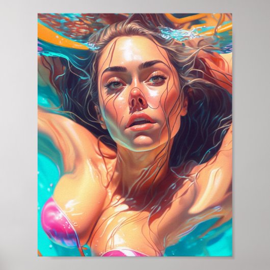 Mooie vrouw onder water AI kunst Poster (Voorkant)