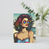 Mooie vrouw op het strand Comic Book Pop Art Briefkaart (Staand voorkant)