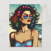 Mooie vrouw op het strand Comic Book Pop Art Briefkaart (Voorkant)